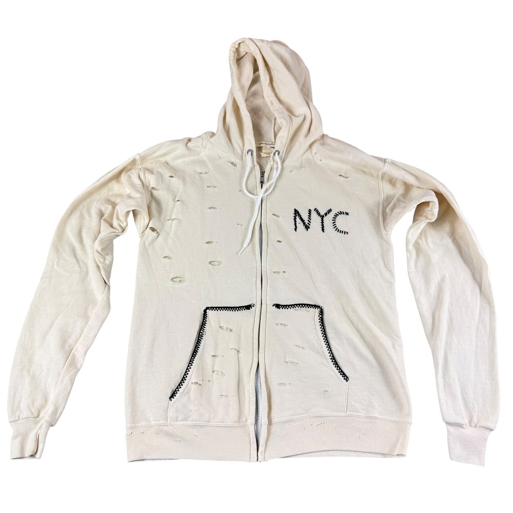 Free People x Tricia Fix Distressed NYC Hoodie Cream Repurposed Vintage XS Zip